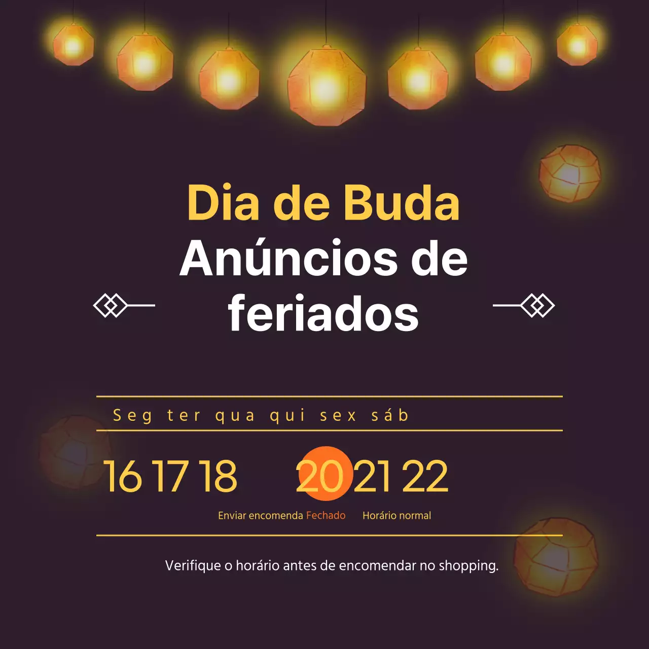 Imagem de faixa com datas de calendário relevantes para um anúncio de encerramento de férias num fundo de lanterna preta