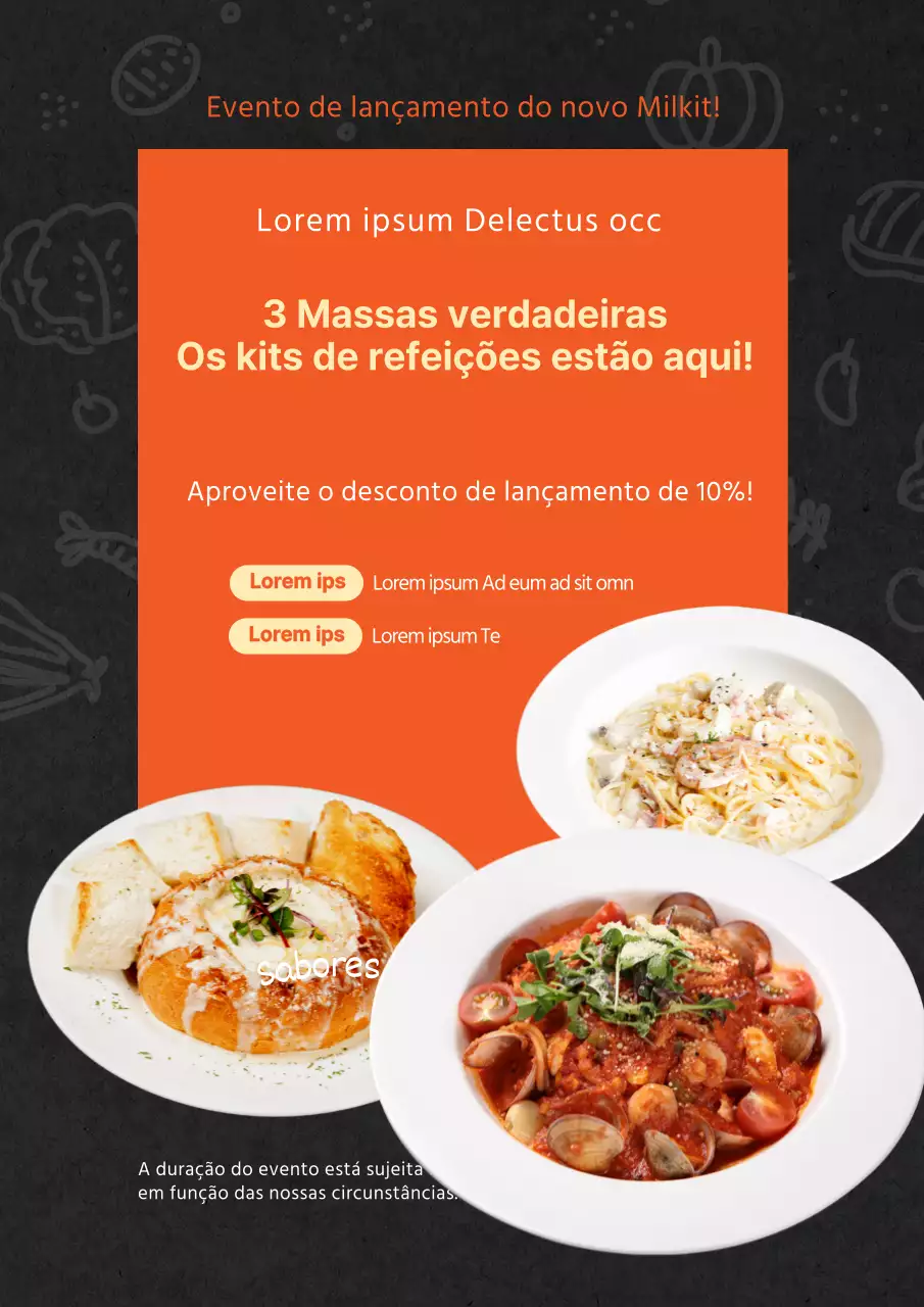 Página de lançamento do Kit de refeições Pasta em cinzento escuro e laranja