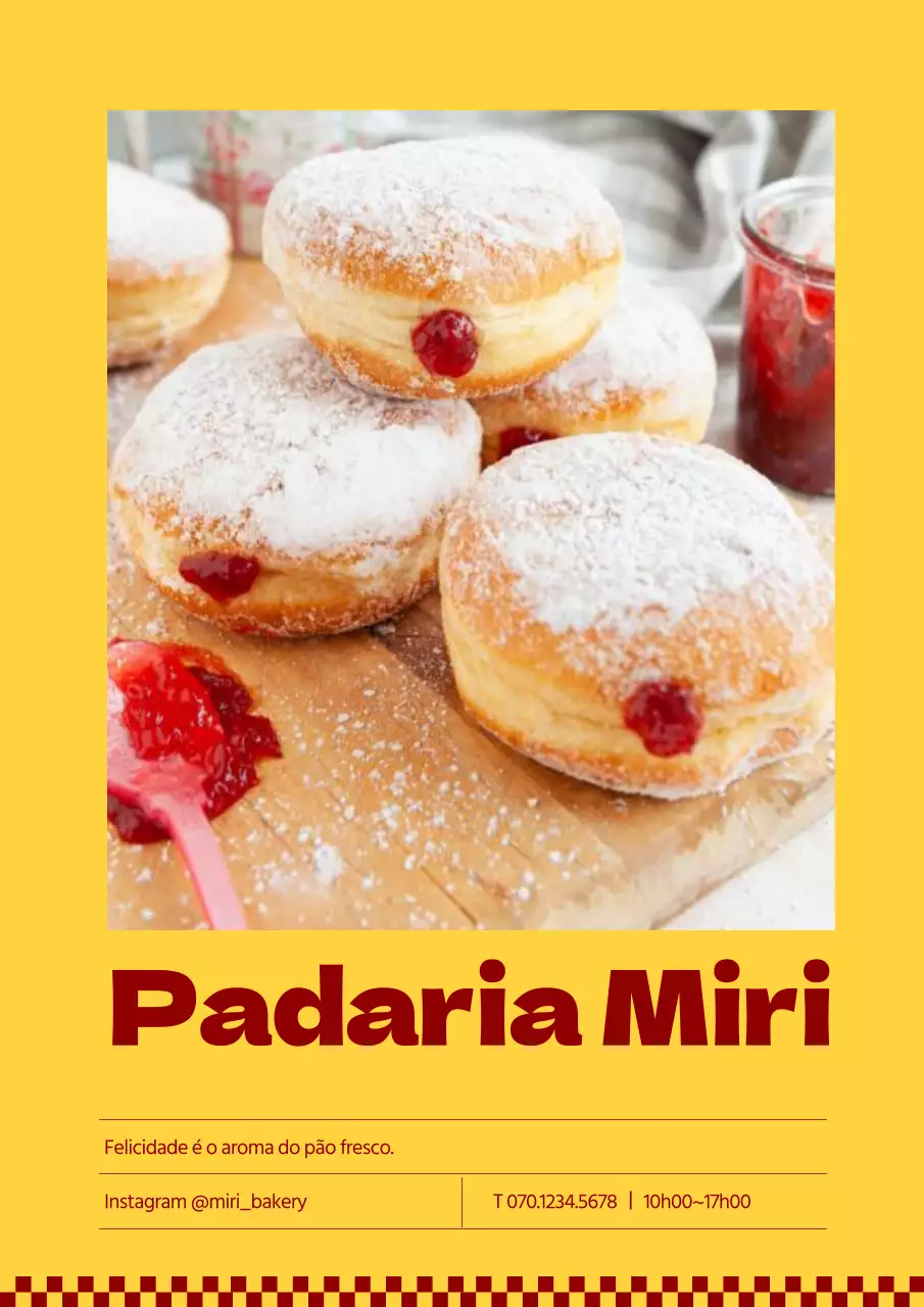 Cartaz de padaria de donuts em amarelo e vermelho vivo