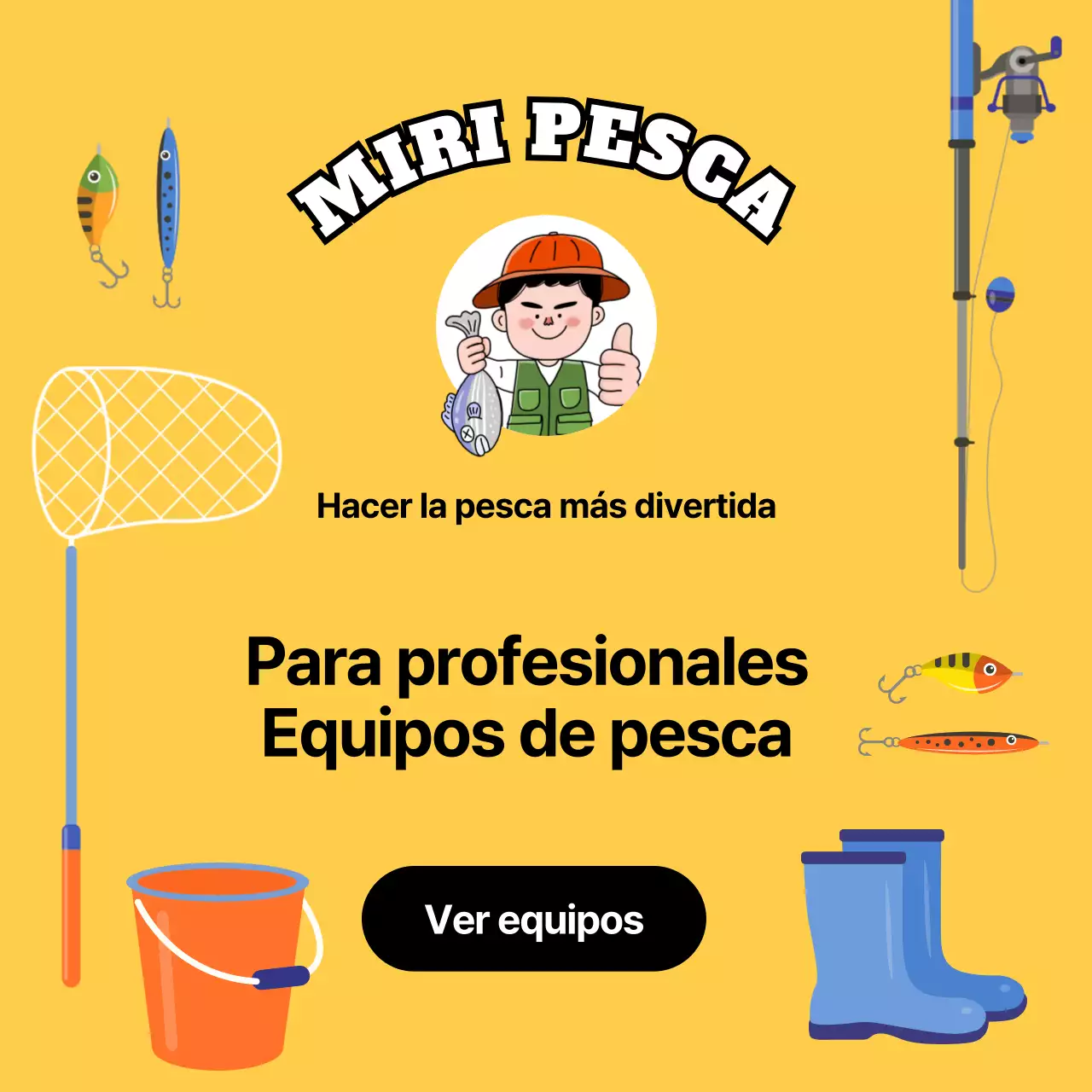 Anuncio de aparejos de pesca profesionales, amarillos y de peluche