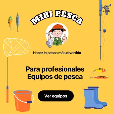 Anuncio de aparejos de pesca profesionales, amarillos y de peluche
