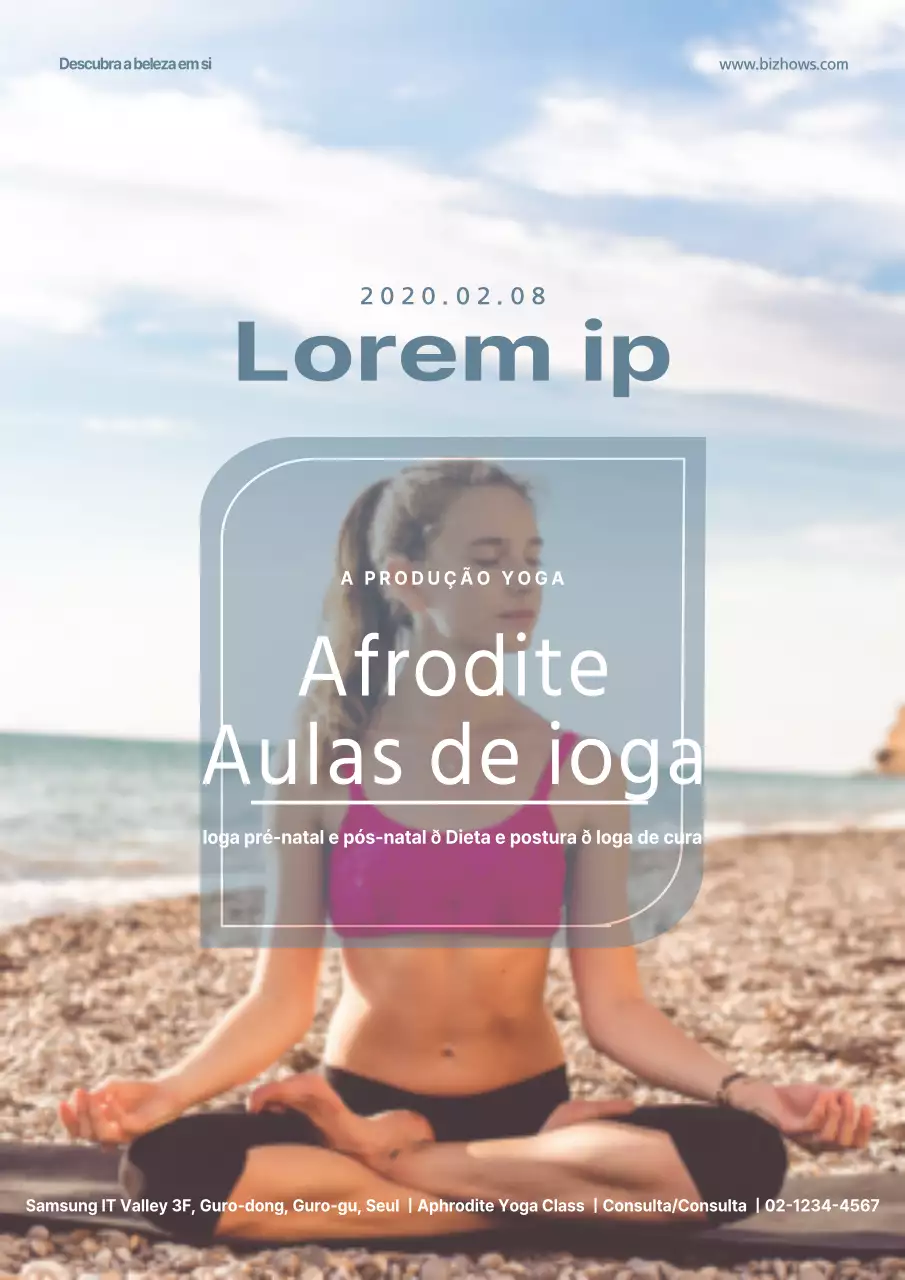 Promover um evento de abertura de uma escola de ioga com uma fotografia de uma mulher a fazer ioga em azul.