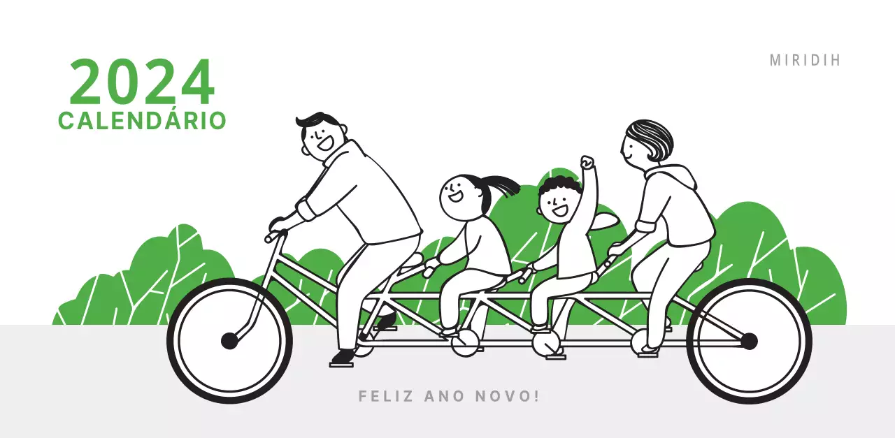 Calendário de secretária verde ilustrado com tema de família