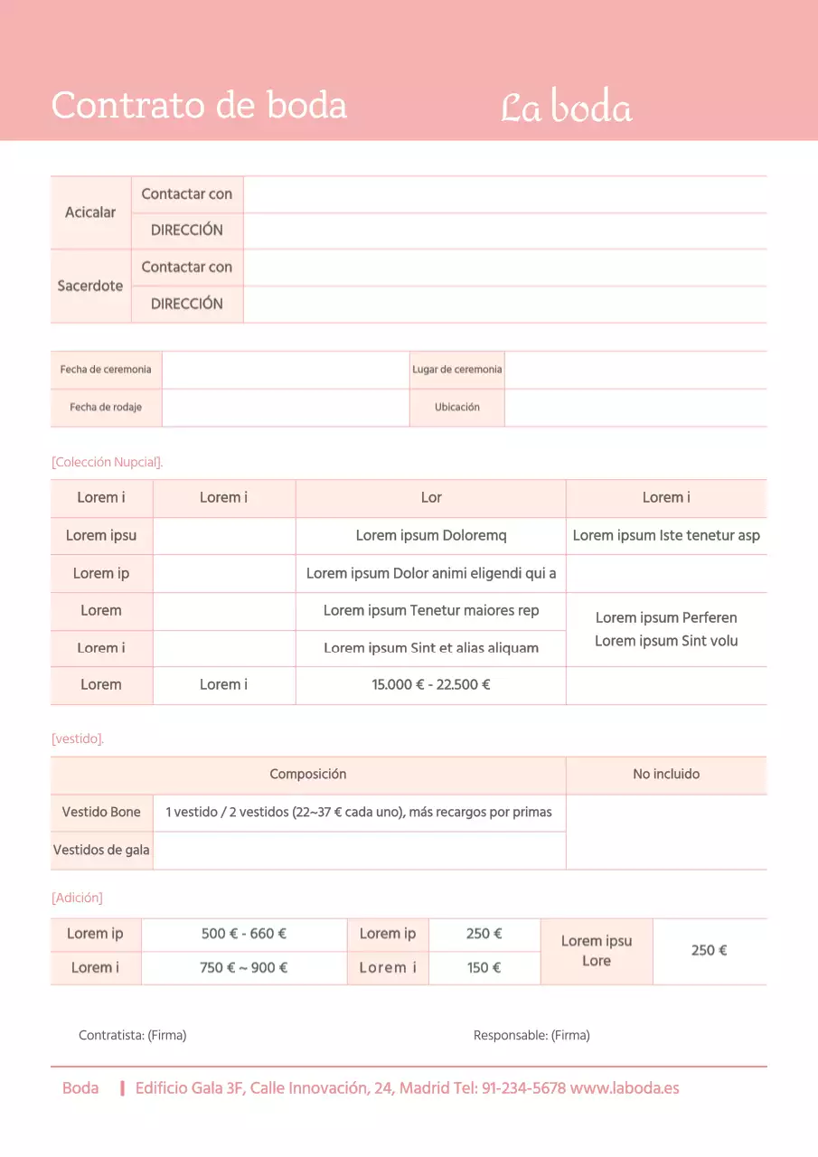 Contrato de boda en rosa boda boda documentos comerciales