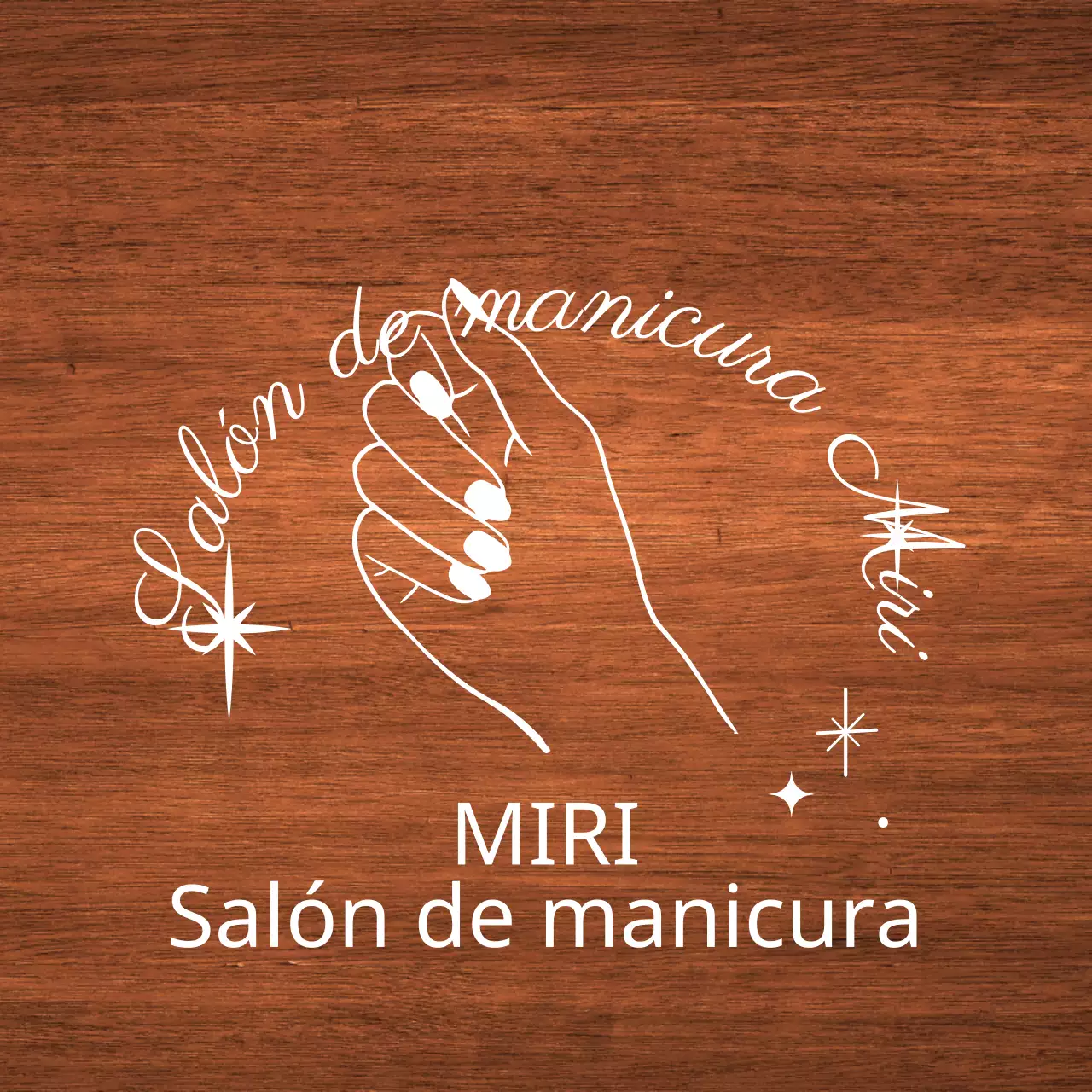 Cartel clásico de salón de manicura con texto en blanco e ilustración de una mano en forma de estrella.