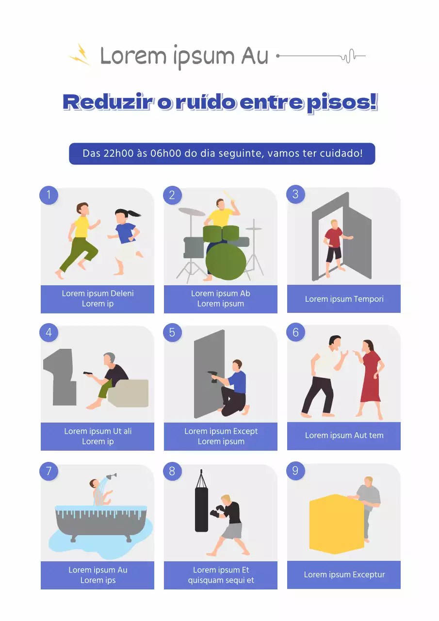 Tema "Ruído entre pisos" com ilustrações pormenorizadas sobre um fundo azul