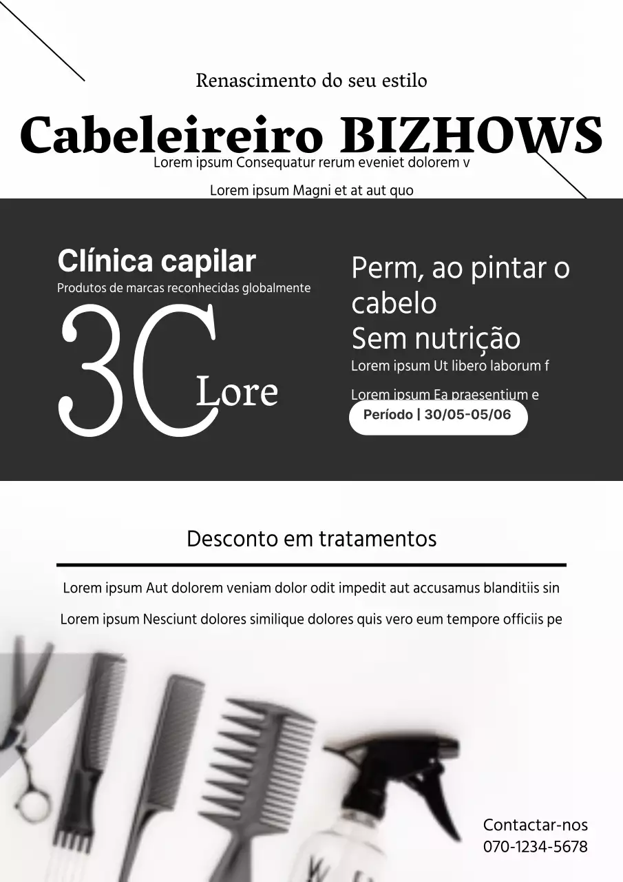 Folheto moderno de salão de cabeleireiro a preto e branco