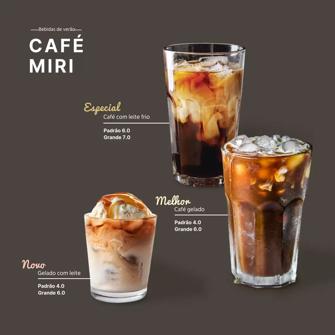 Cartaz simples de bebidas de verão para um café com cor de café