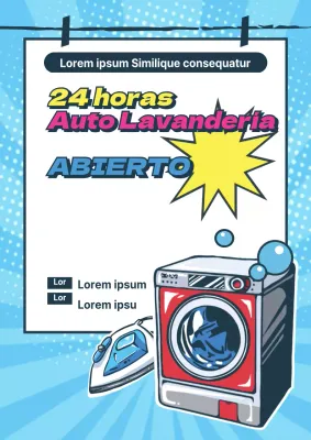 Promoción de la apertura de una lavandería autoservicio con un concepto de dibujos animados azules