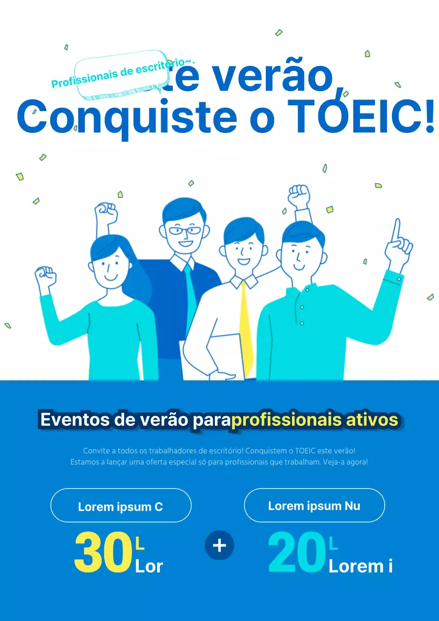 Um bonito folheto azul e branco a promover um evento de estudo de inglês social