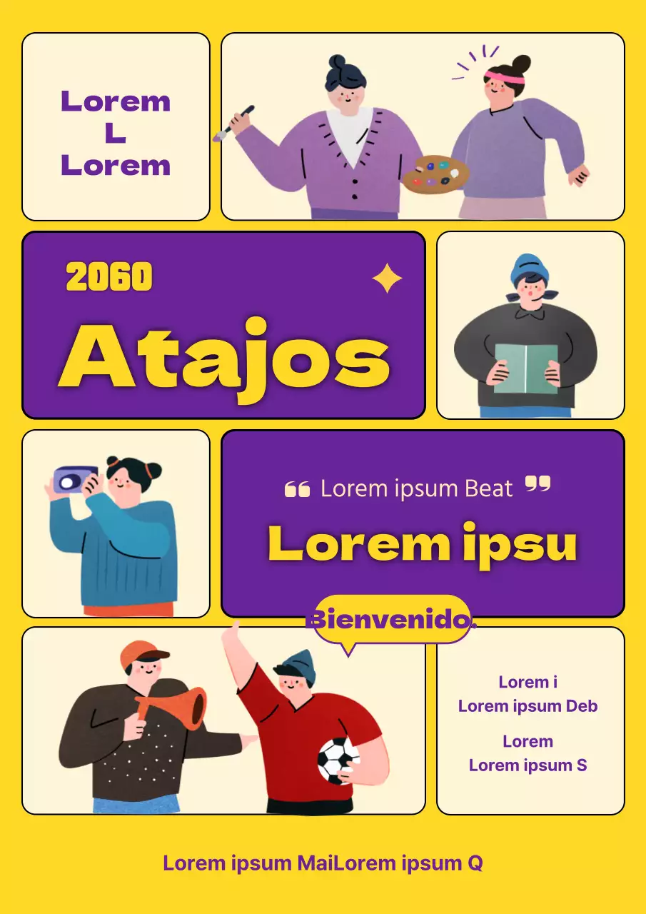 Anuncios de orientación profesional con un diseño dividido en amarillo y morado