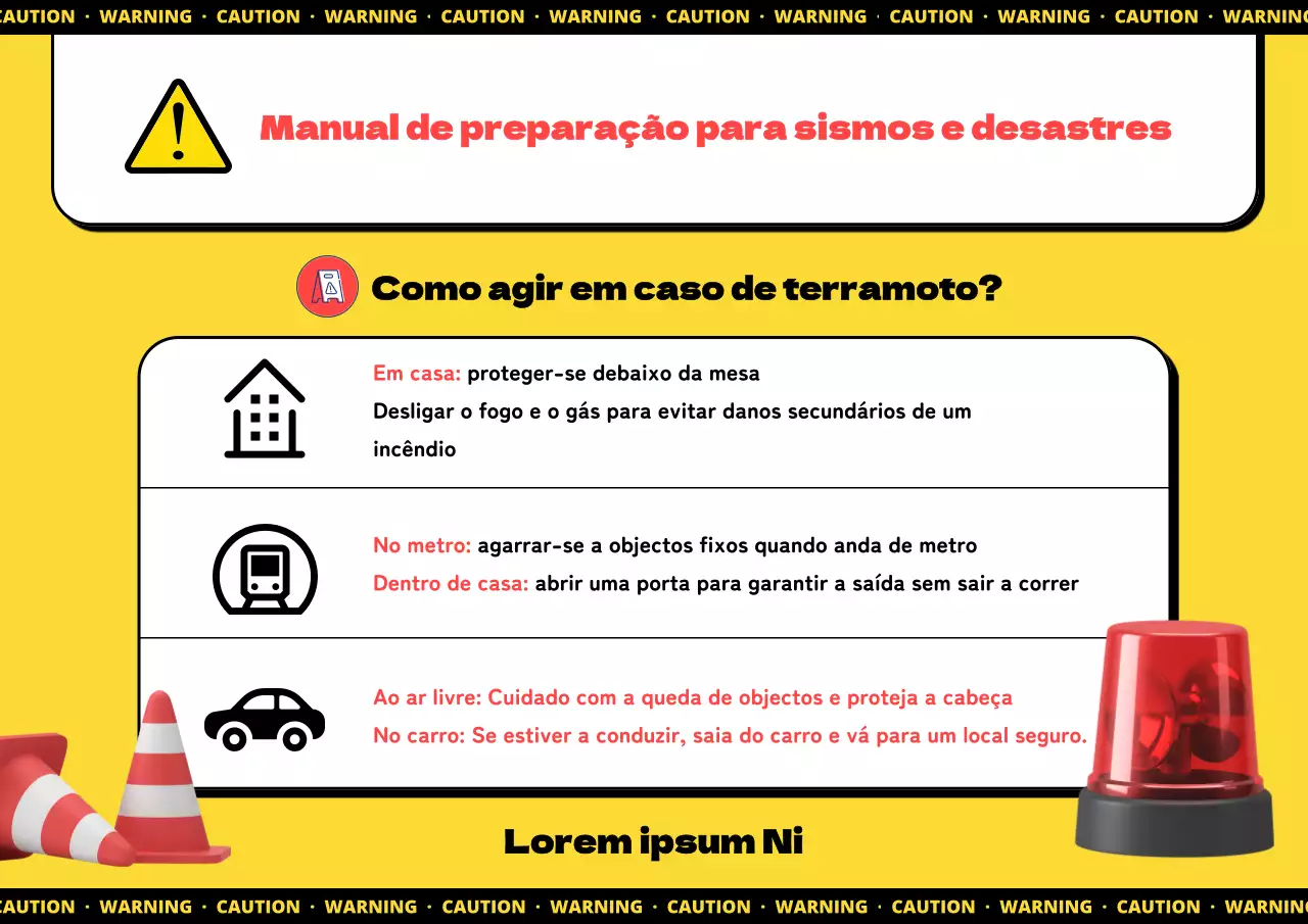 Cartaz informativo simples, amarelo e preto, sobre o manual de preparação para catástrofes sísmicas