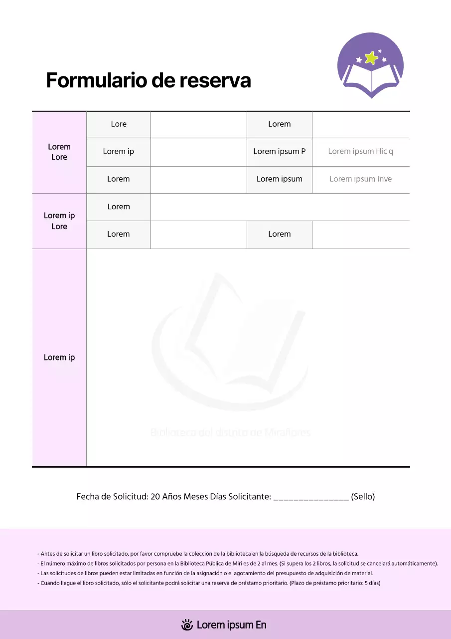 Formulario de solicitud de puntos morados para compras en la biblioteca