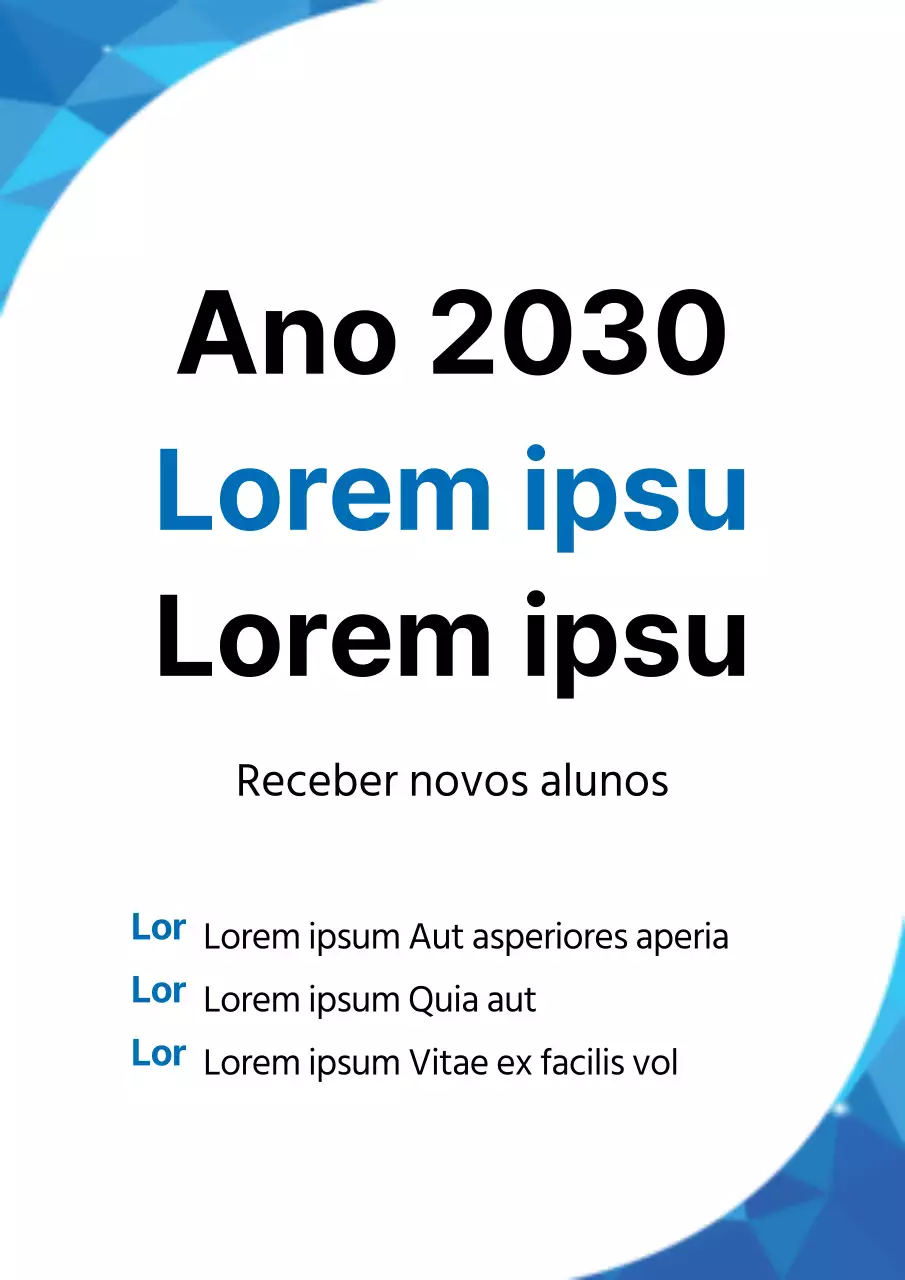 Um folheto simples, branco e azul, para um evento de boas-vindas a um novo estudante universitário