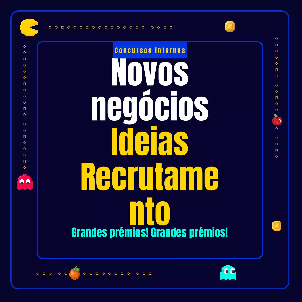 Um jogo de pixéis Pac-Man novo, divertido e retro em azul-marinho e amarelo Apelo a novas ideias de negócio para uma empresa.