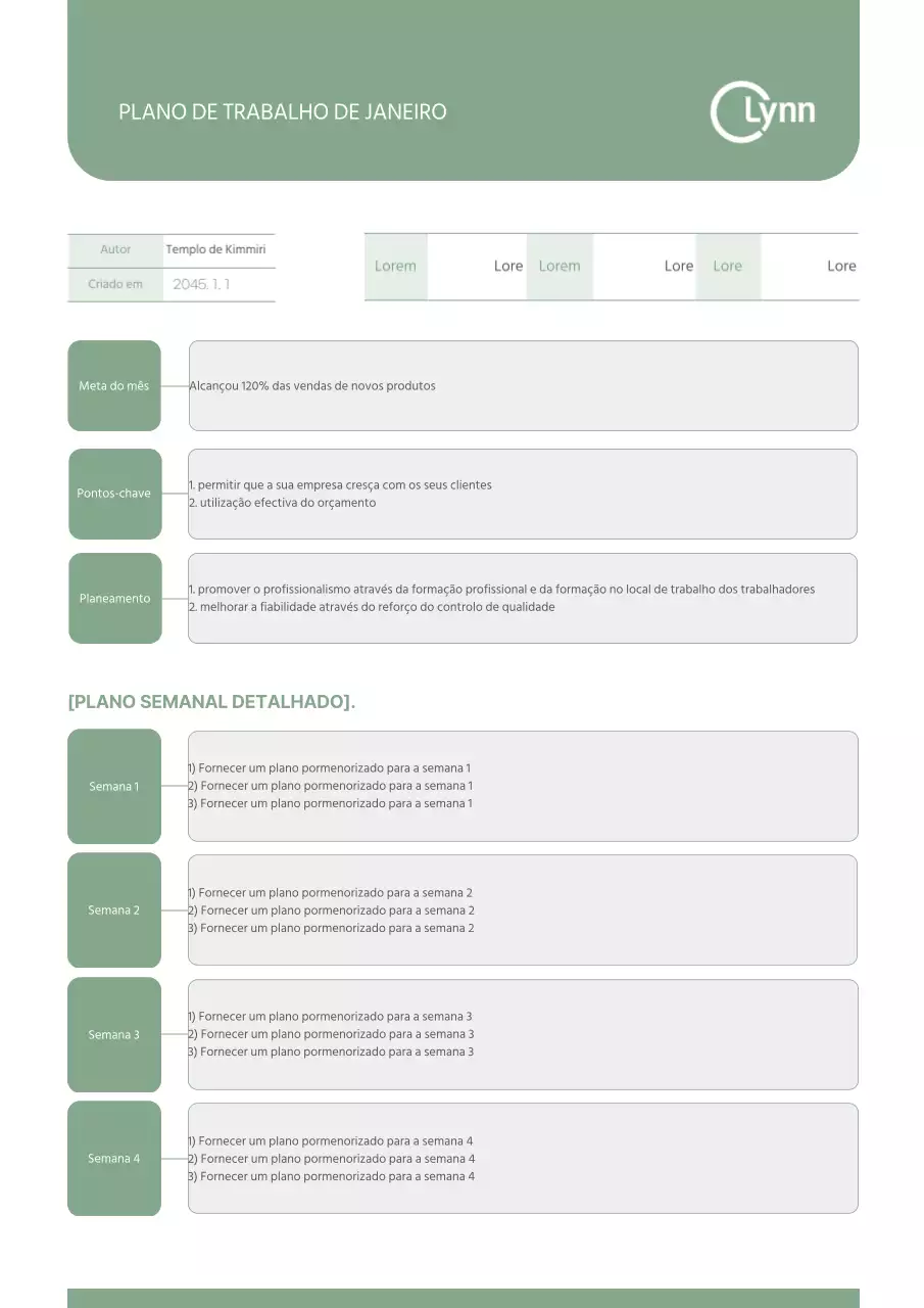 Plano de trabalho mensal em verde calmante