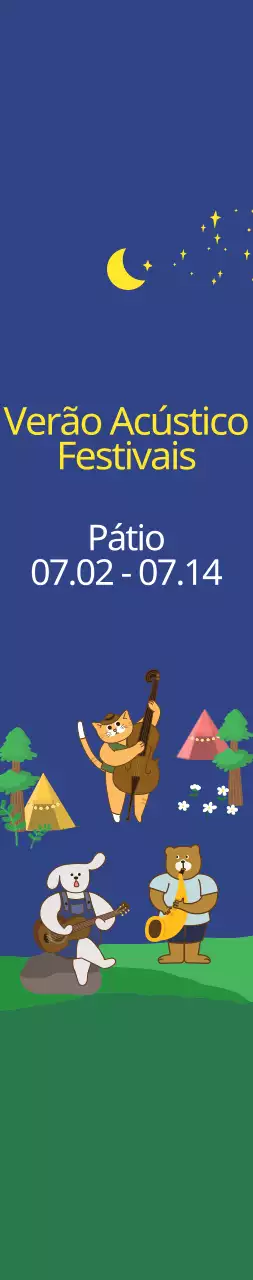Ilustração gira em azul-marinho escuro e amarelo para informação e promoção de festivais acústicos de verão