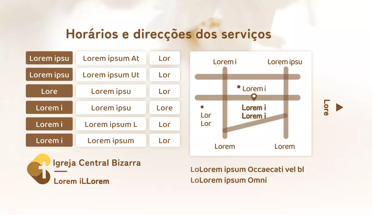 Estilo simples em branco e castanho para informação e promoção da igreja