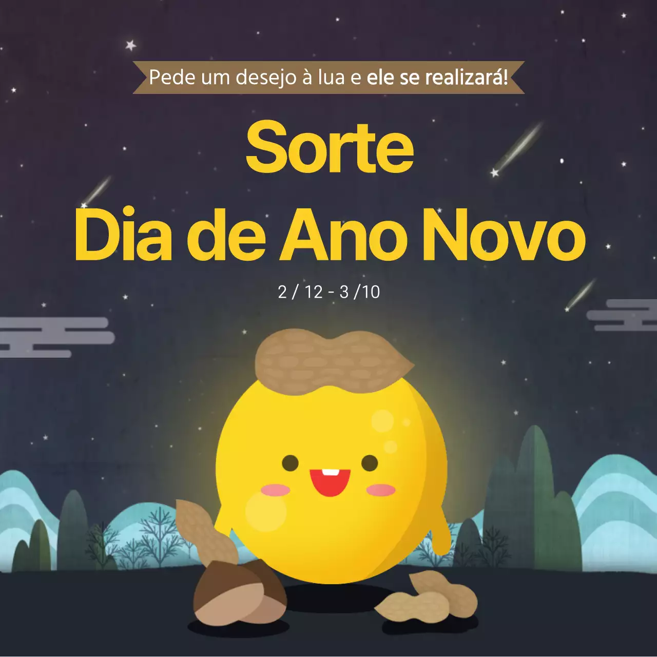 Cartaz quadrado giro para a véspera de Ano Novo em amarelo e azul-marinho