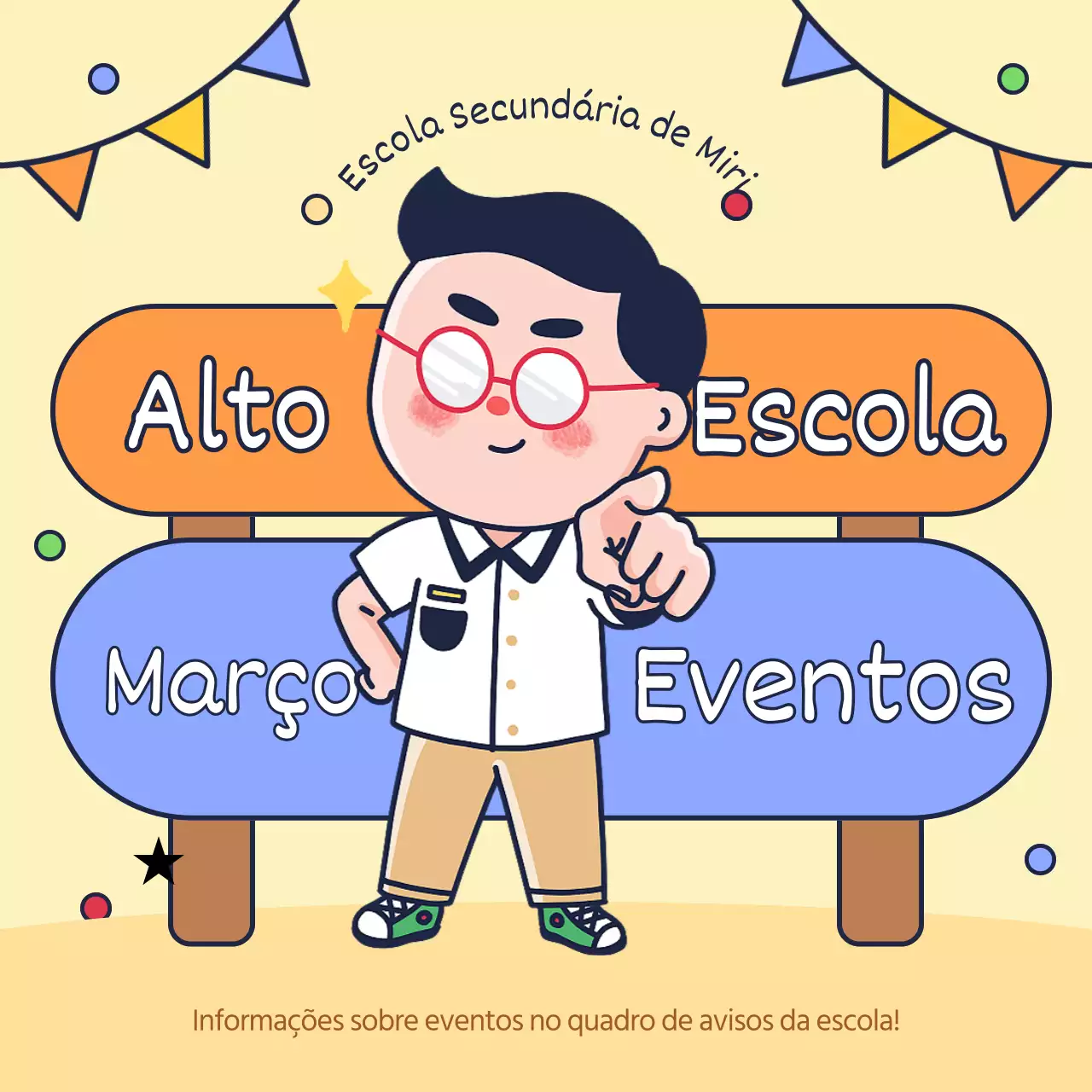 Aviso de eventos escolares em laranja e azul claro