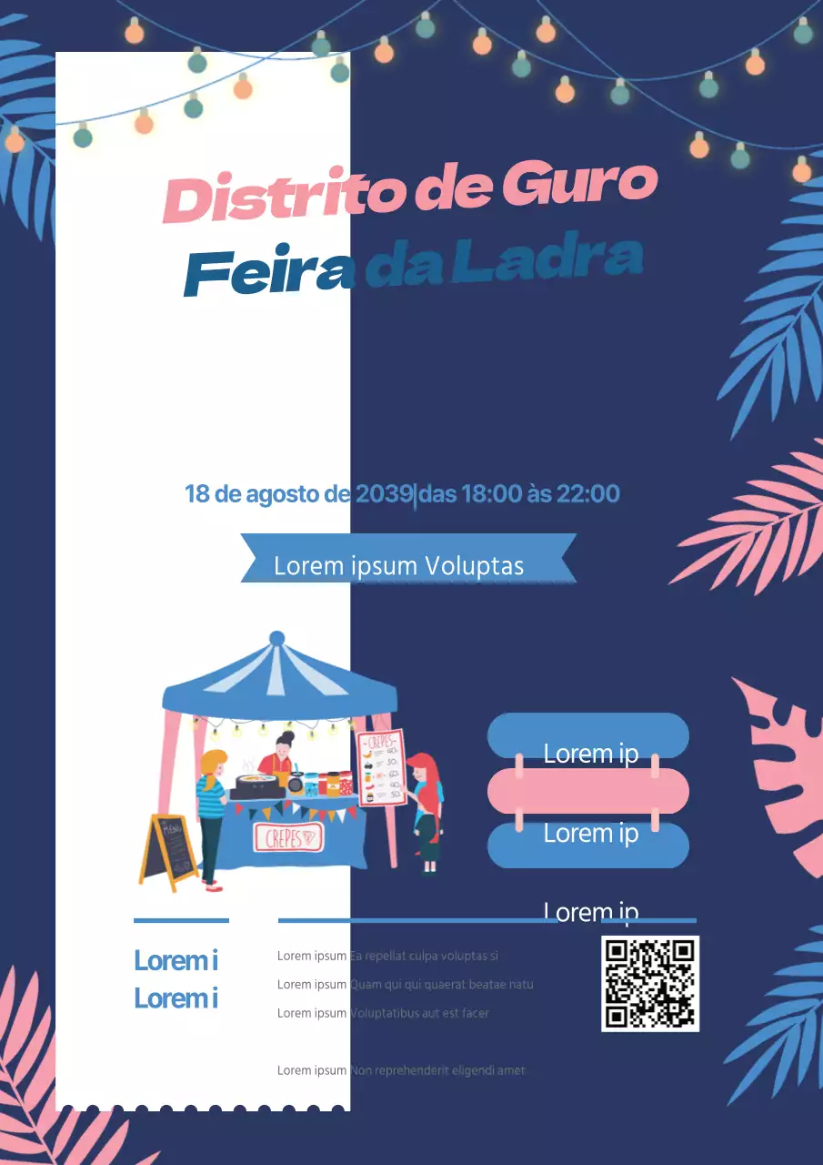 Promover uma feira da ladra em azul-marinho e cor-de-rosa com ilustrações de folhas botânicas