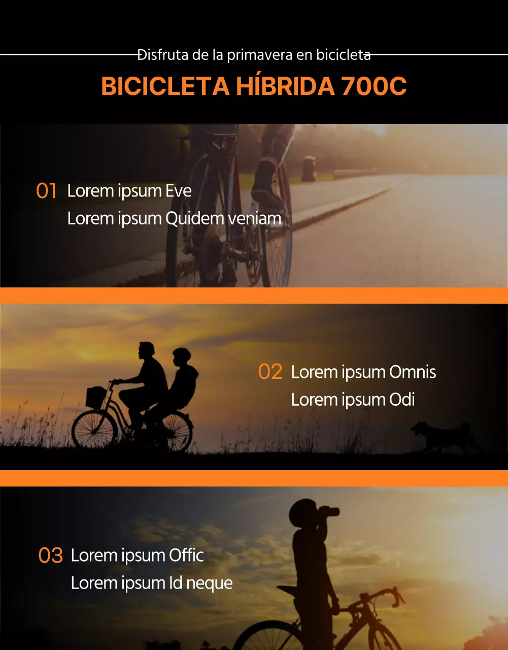 Promociona la brillante, atrevida y activa bicicleta híbrida Mirisport en naranja y negro.