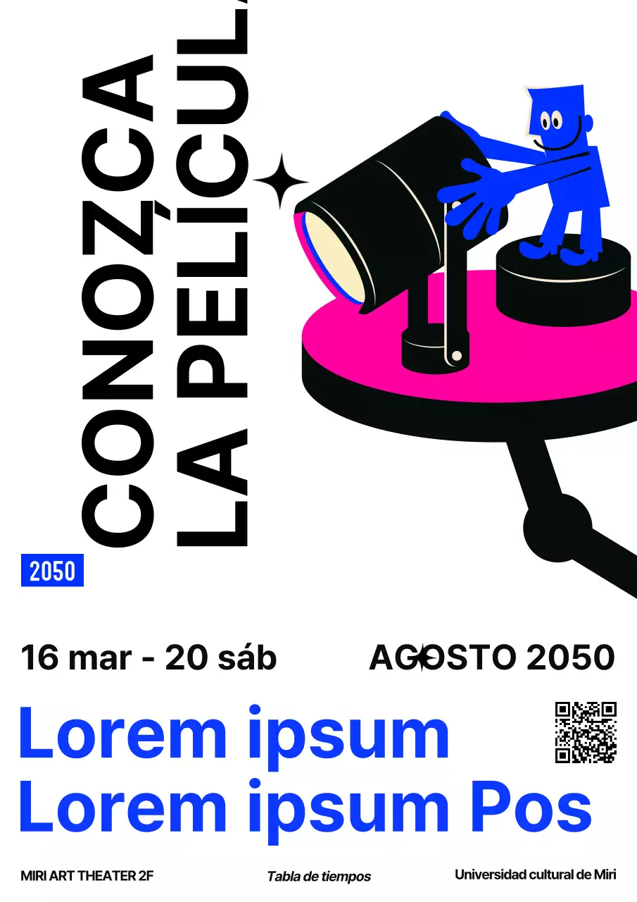 Una sencilla promoción de proyección de películas en blanco y negro y azul.