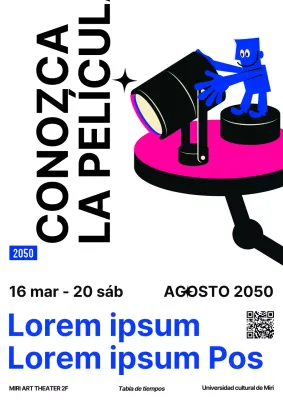 Una sencilla promoción de proyección de películas en blanco y negro y azul.