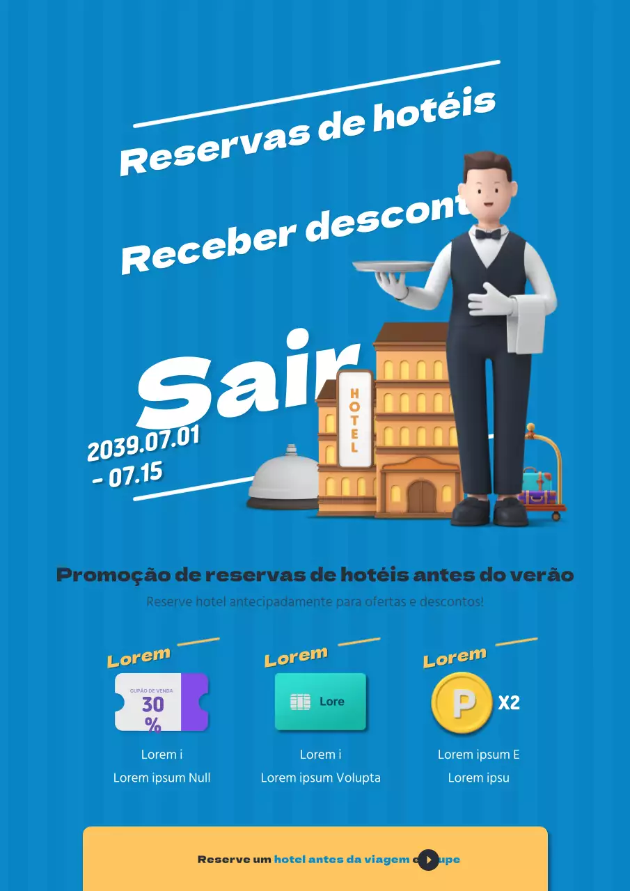 Promover um evento de reserva de hotel para agentes de viagens com uma personagem 3D azul