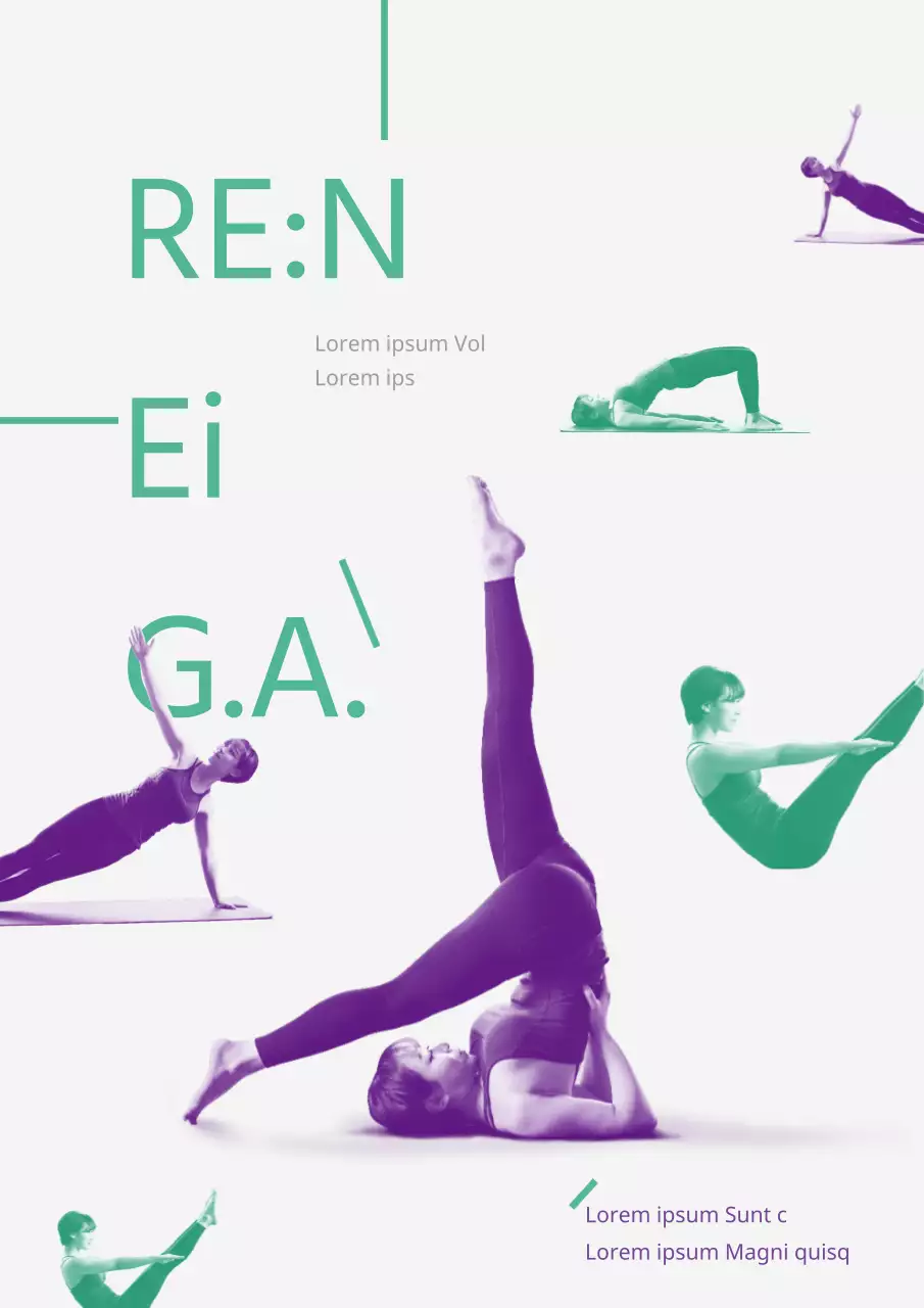 Folheto do evento de desconto da escola de Yoga Simple Pilates em verde e roxo