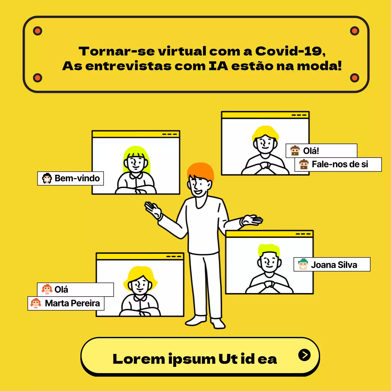 Anunciar e reservar salas de estudo para entrevistas presenciais amarelas e brancas
