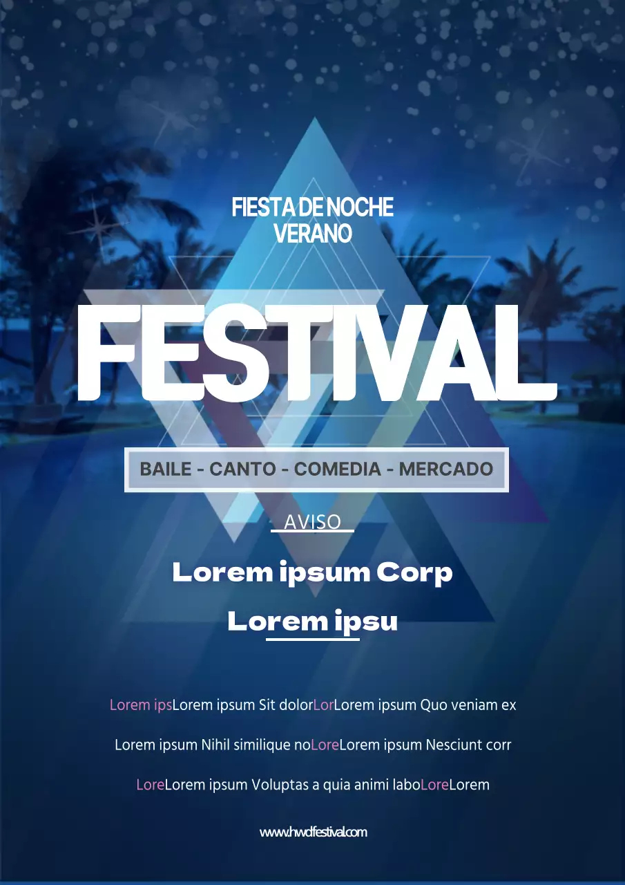 Un colorido cartel promocional de un festival de verano en azul marino