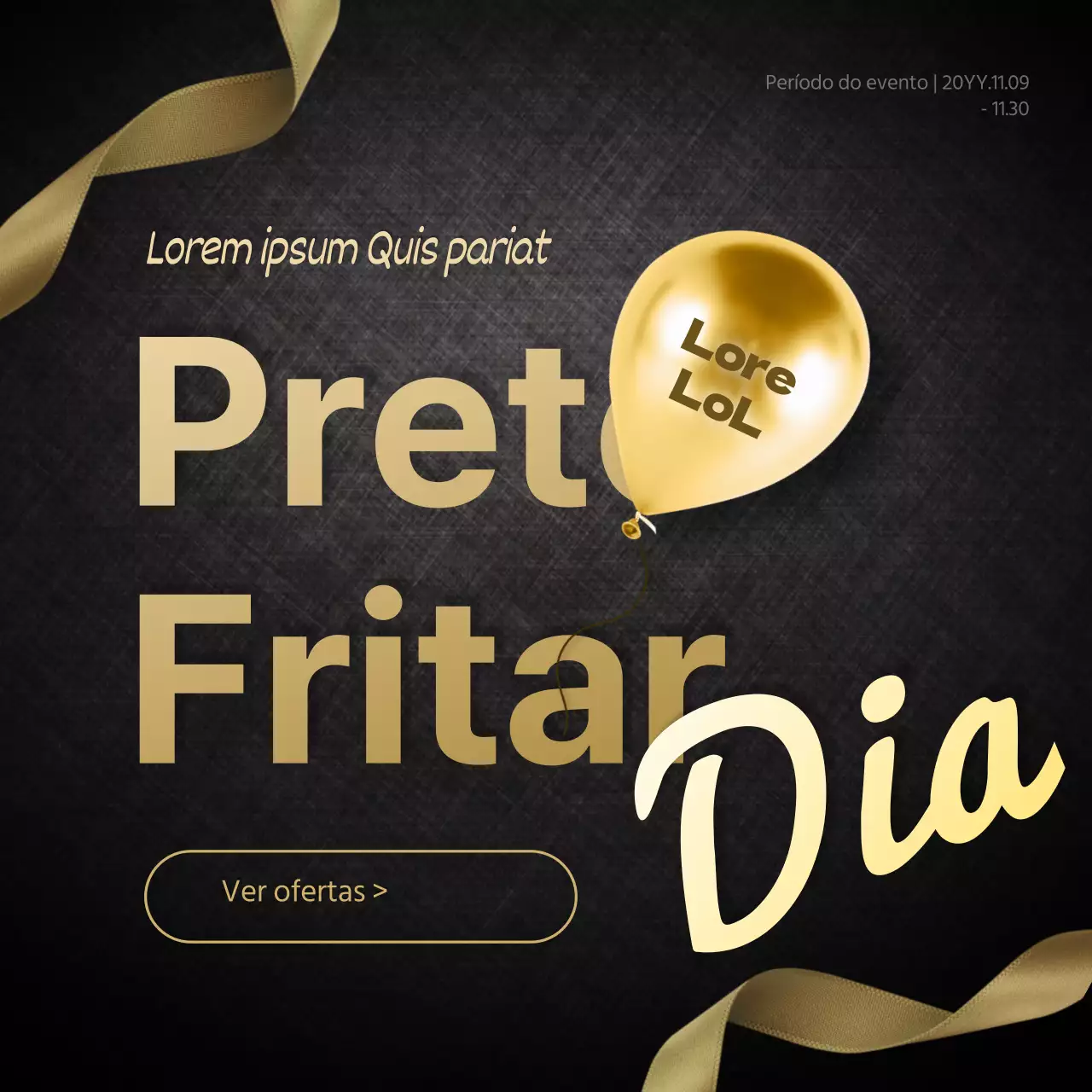 Fundo escuro balão dourado tipografia gradiente fita evento