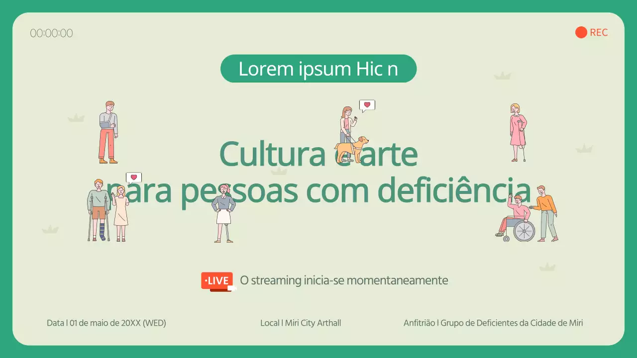 Transmissão em direto de um evento artístico cultural para pessoas com deficiência com um conceito ilustrado em marfim e verde.