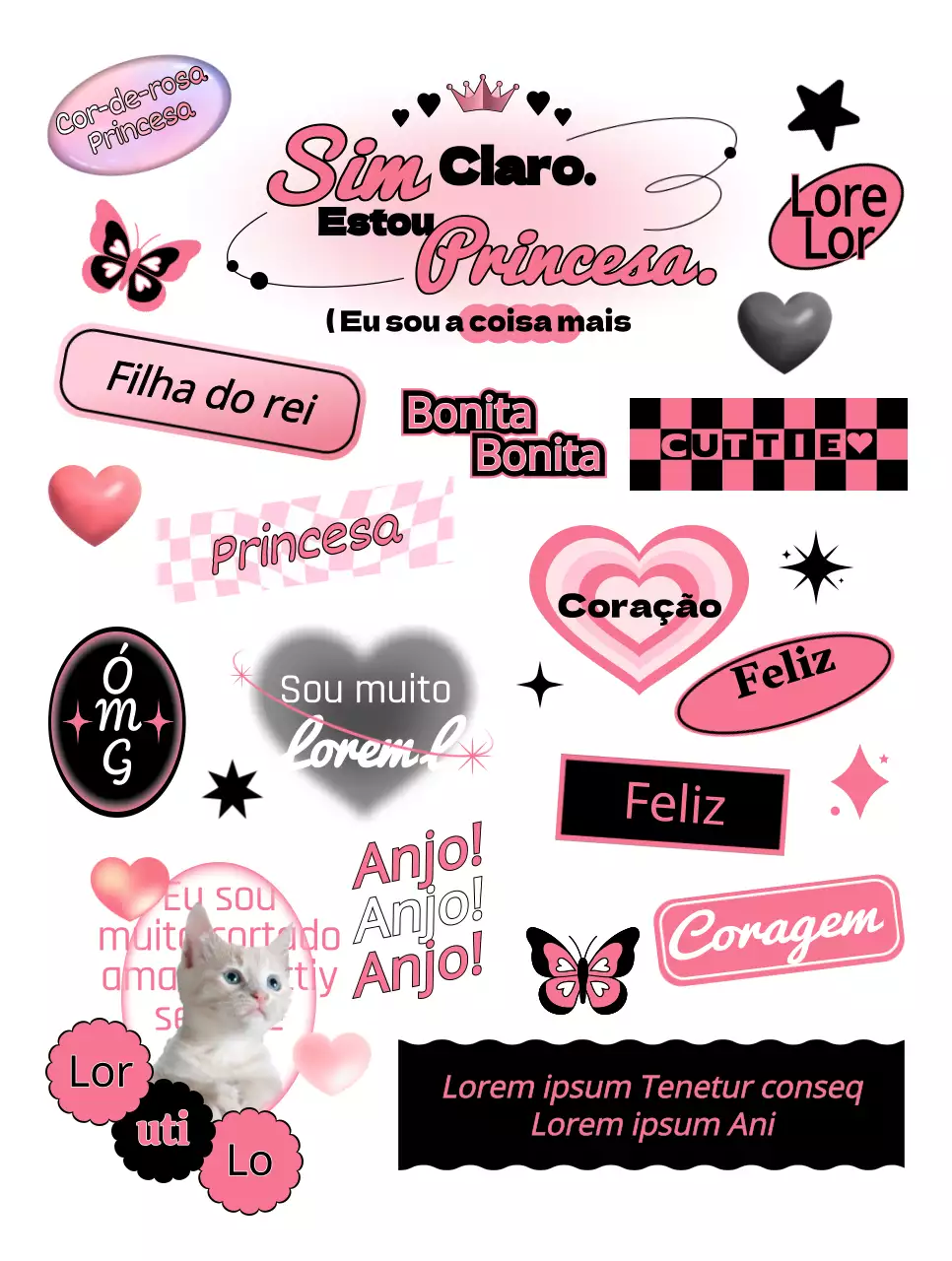 Desenho de texto com elementos de conceito adolescente a preto e cor-de-rosa
