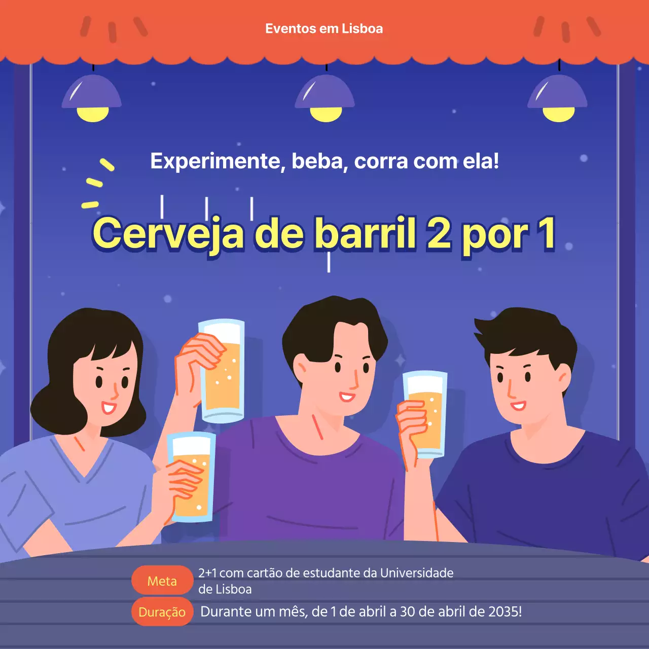 Oferta "compre um, leve outro" em chope pocha azul e vermelho