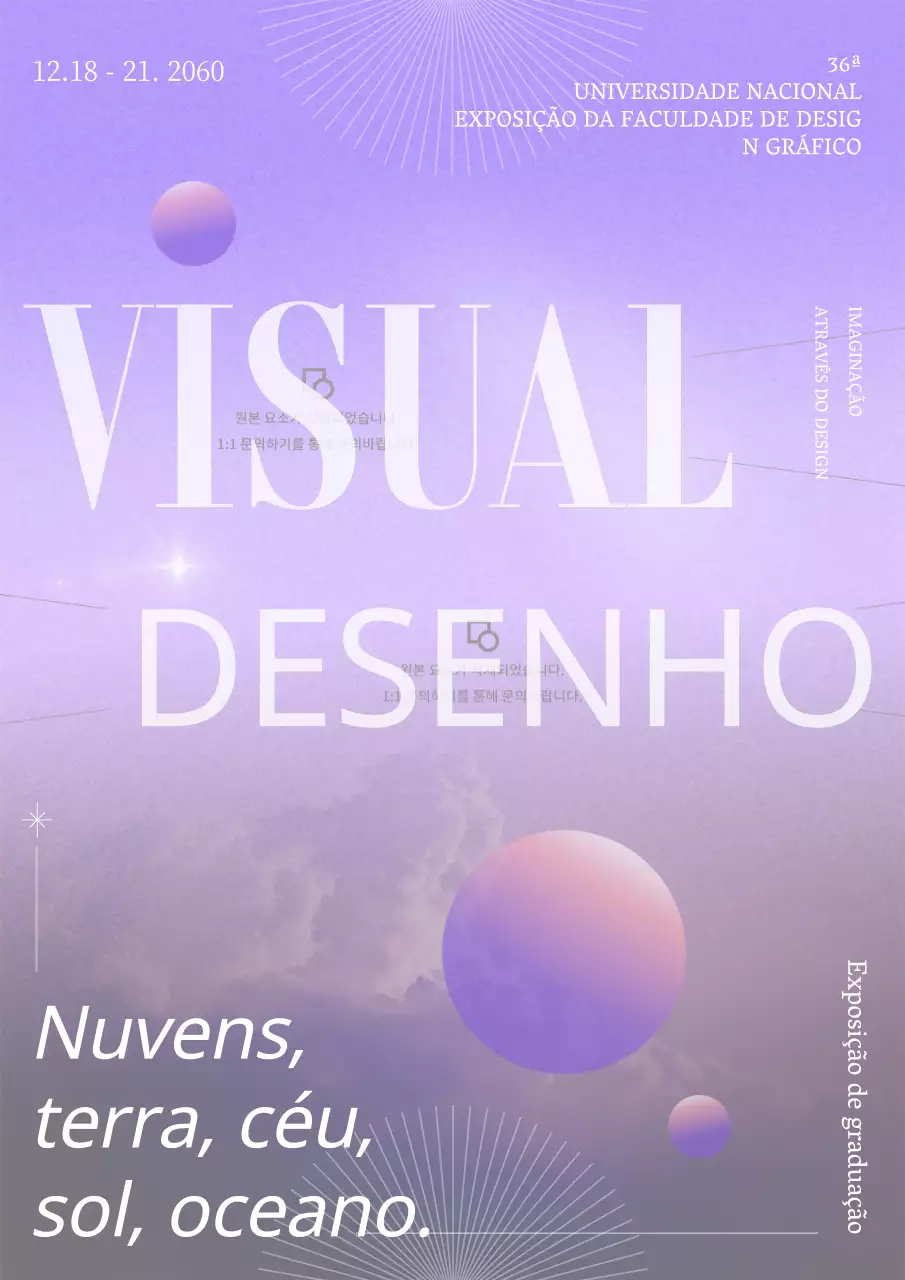 Folheto de exposição de graduação com gráfico circular roxo e foto de nuvem