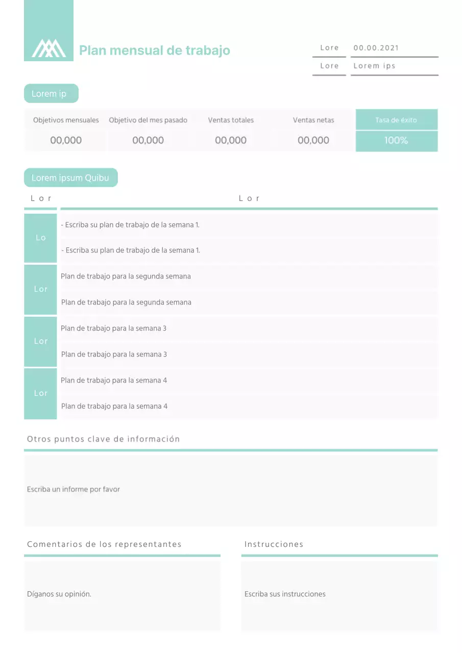 Plantilla de documento de plan de trabajo mensual de concepto limpio en color menta