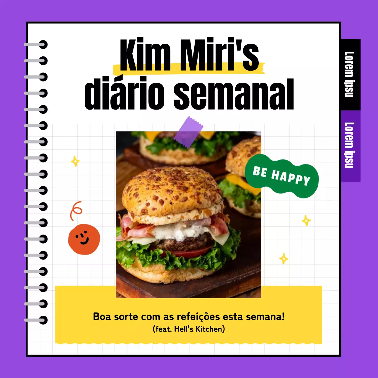 Modelo colorido de agenda semanal em roxo e amarelo
