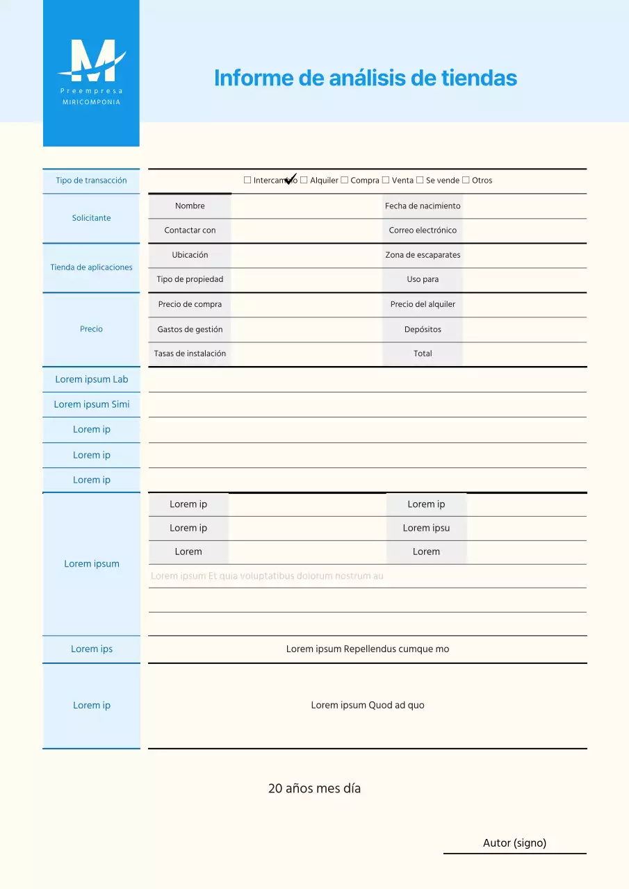 Azul, plantilla de informe de análisis de tienda burocrática