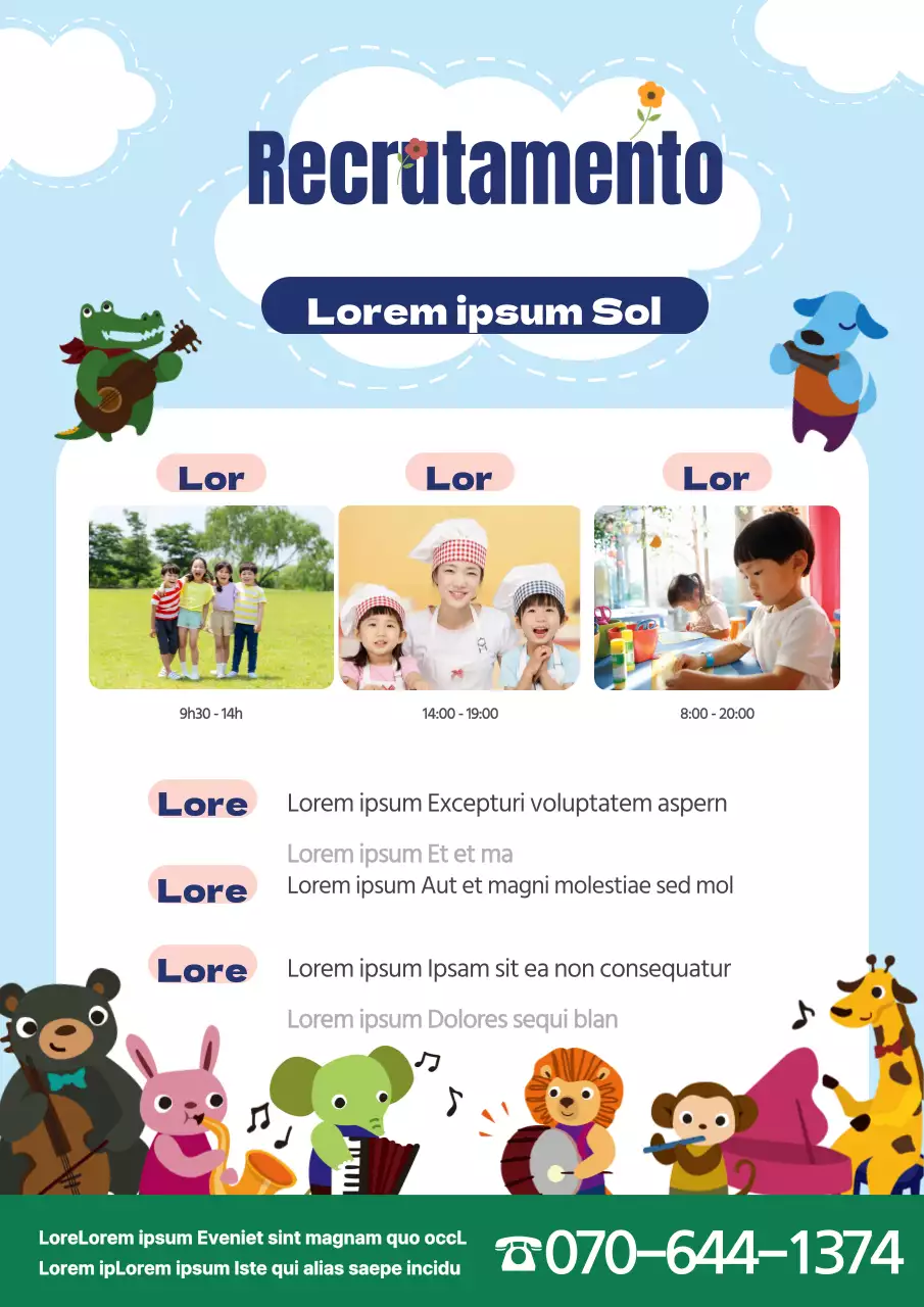 Promoção de recrutamento para o jardim de infância com ilustrações de animais a tocar instrumentos musicais em azul.