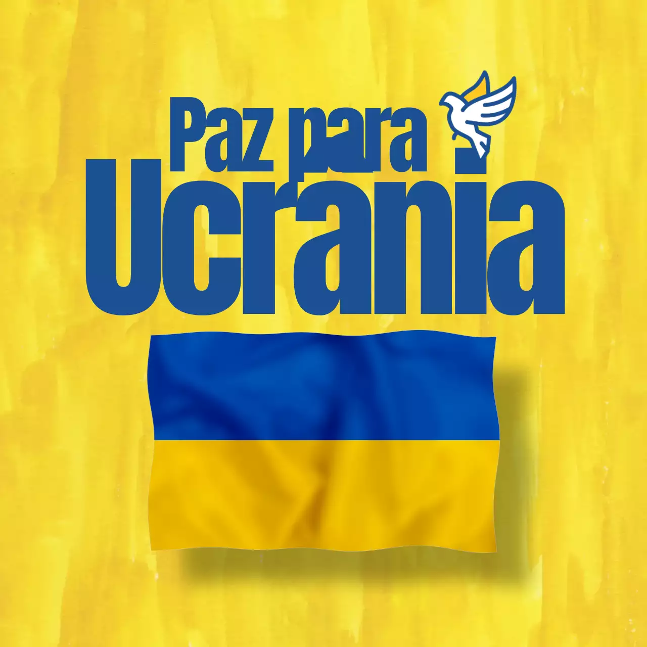 Quadrado amarelo e azul com tema da paz e mensagem anti-guerra para redes sociais com tema da paz