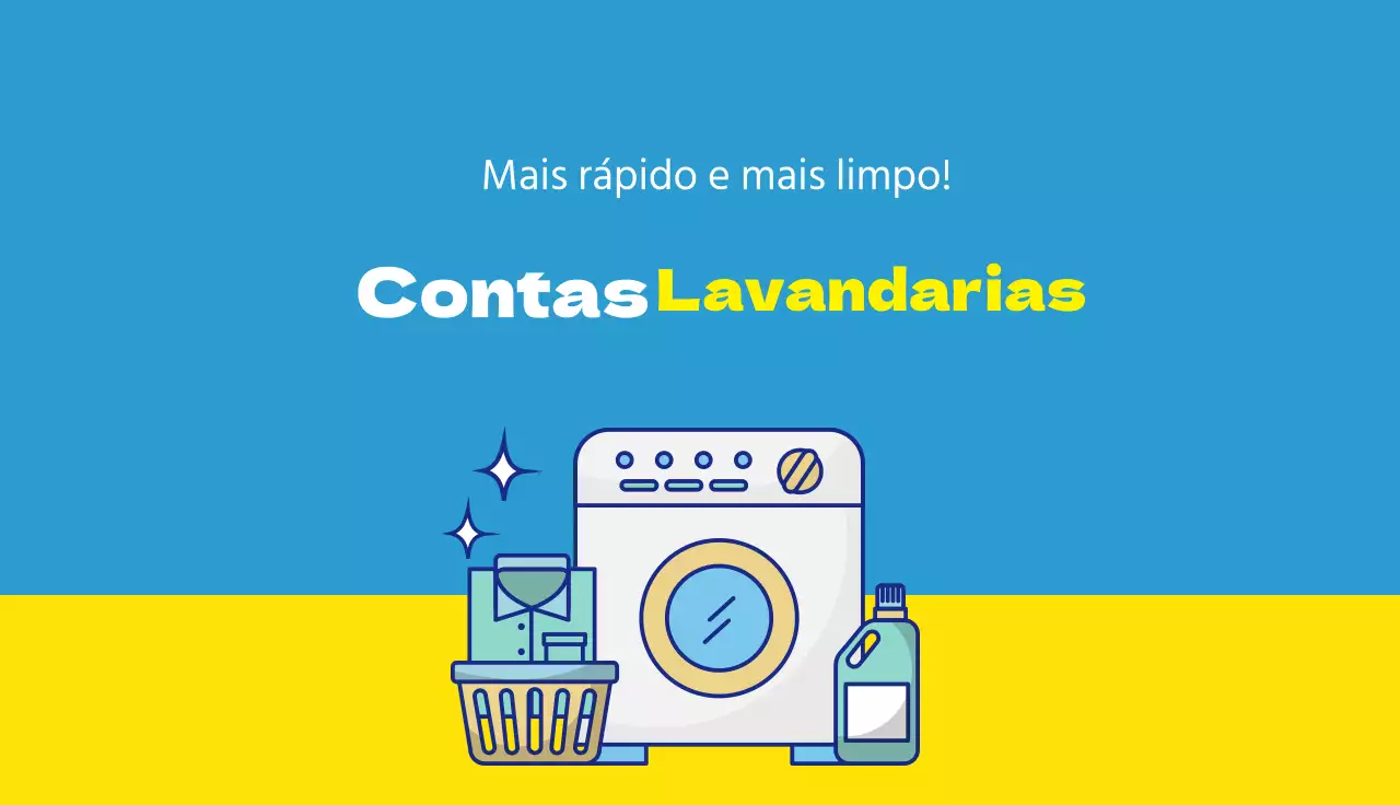 Ilustração azul-amarela que promove uma lavandaria limpa