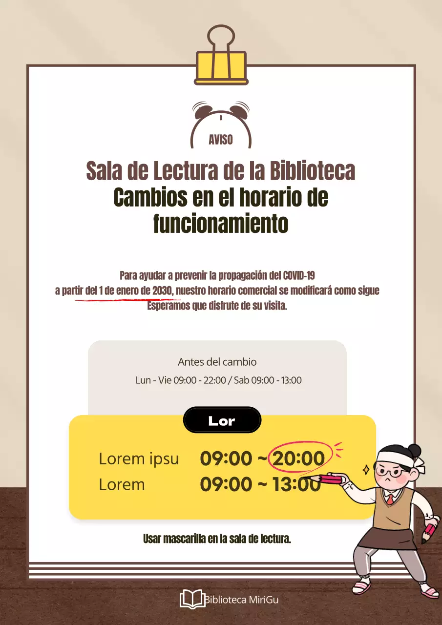 Un bonito aviso de cambio de horario de la sala de lectura en marrón y amarillo
