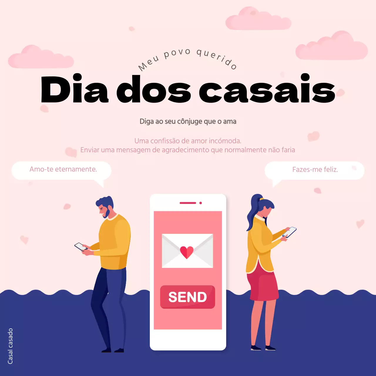 Agradecimentos para o dia do casal em rosa e azul-marinho (quadrados para redes sociais)