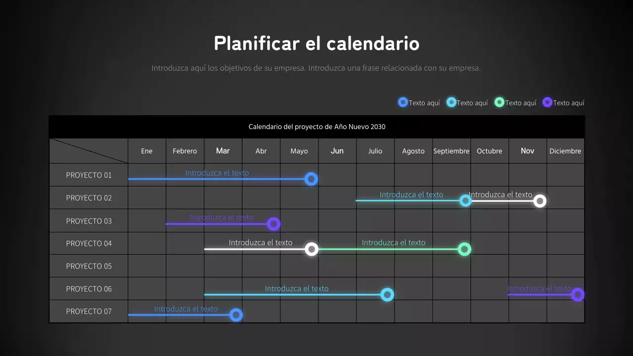 Diagrama de Gantt empresarial en azul neón