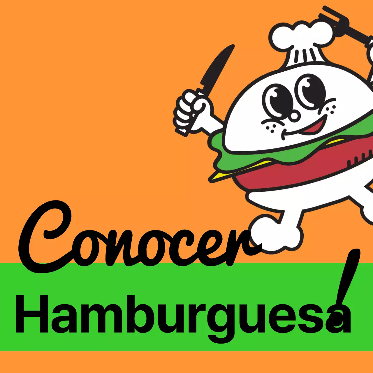 Cartelería exclusiva en la tienda con texto multicolor Meal Burger y simpáticos personajes de hamburguesas.