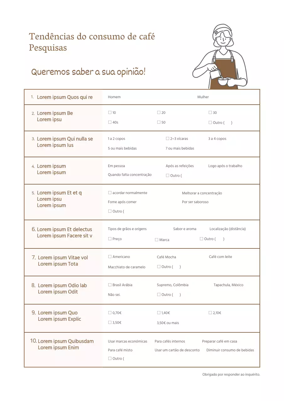 Inquérito sobre as tendências de consumo de café Modelo de documento de questionário de franquia de café