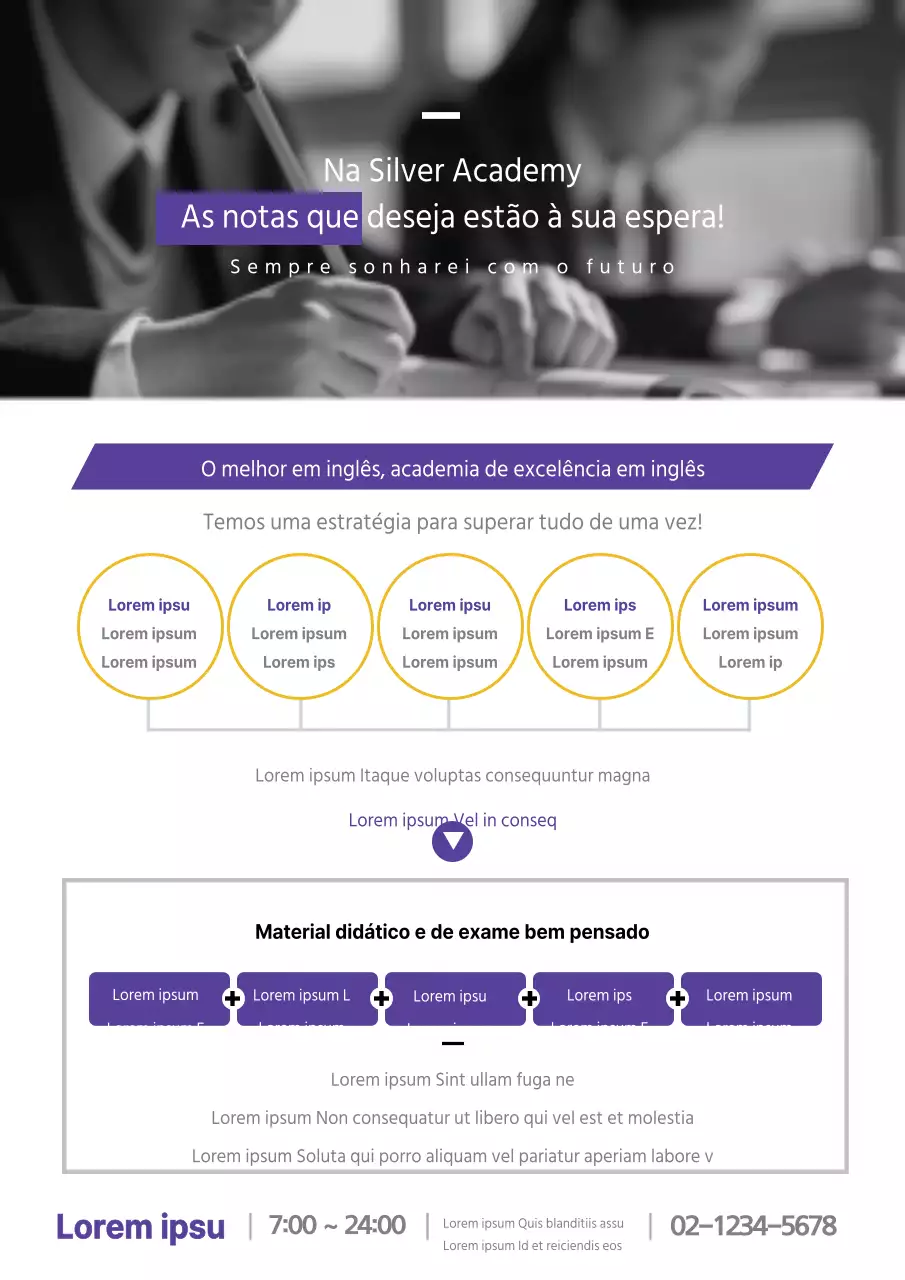 Promoção escolar elegante com fotografias a preto e branco de alunos a estudar em roxo
