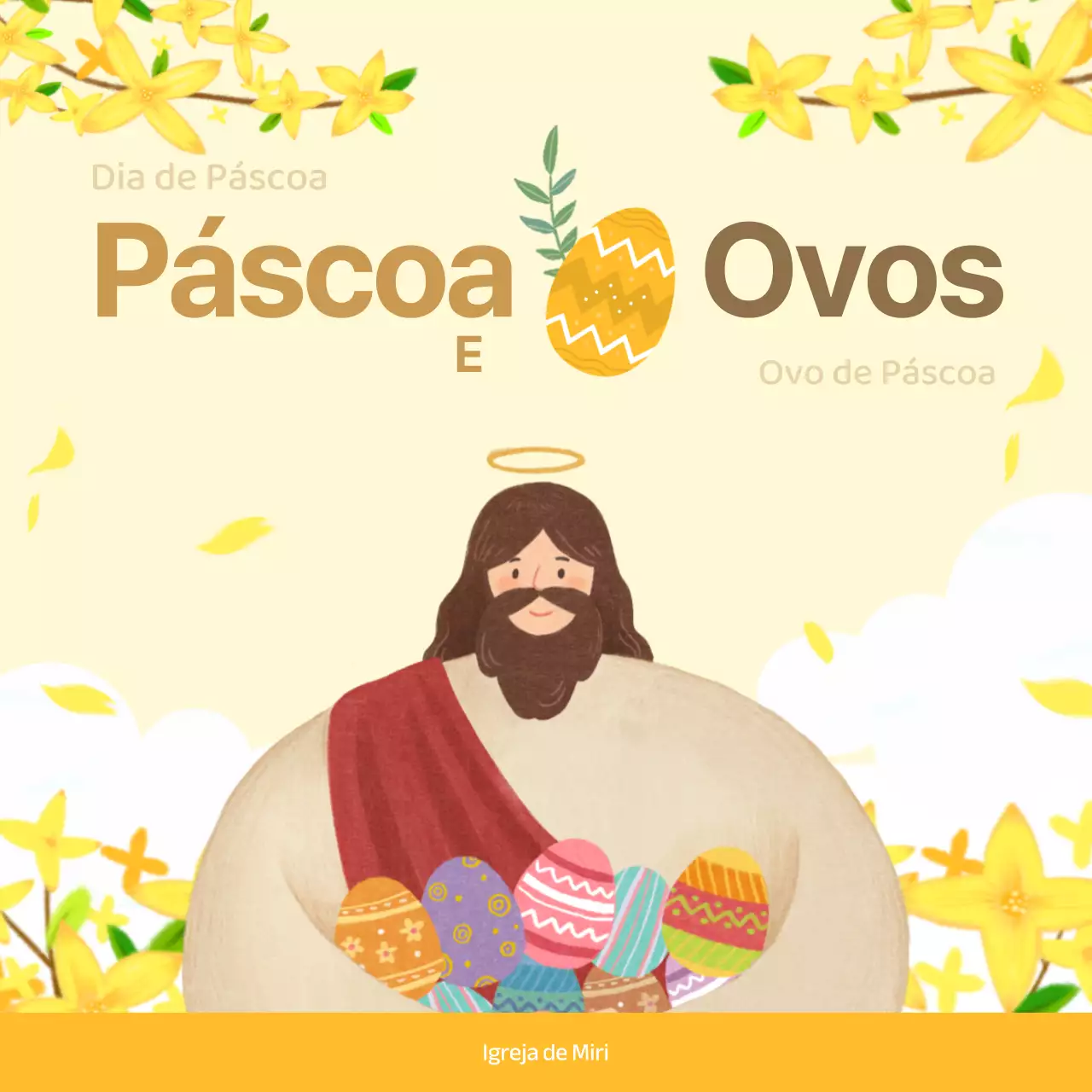 Descrição da Páscoa e do ovo e convite para a igreja com fundo floral amarelo